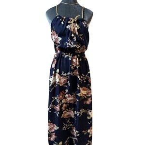 Navy Floral Maxi Dress with Rope Straps